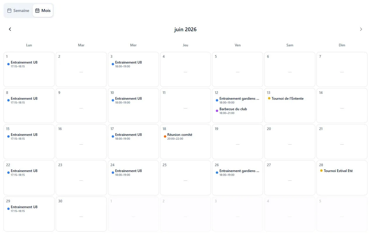 Vue calendrier mensuel dans ScoreSide Football