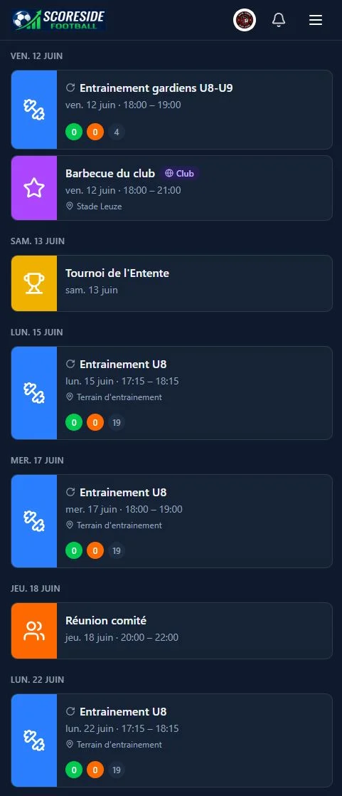 Vue liste des événements dans ScoreSide Football