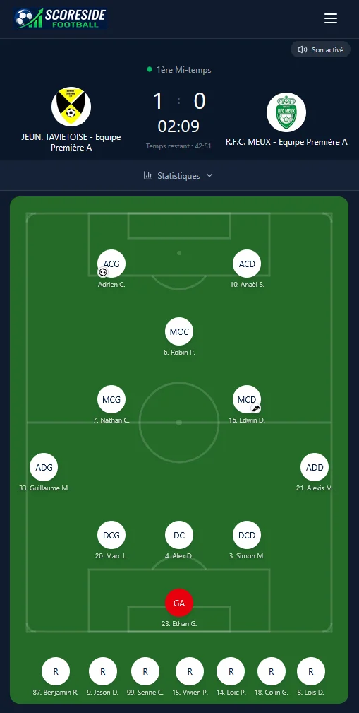 Capture de ScoreSide Football avec score en direct et composition sur le terrain